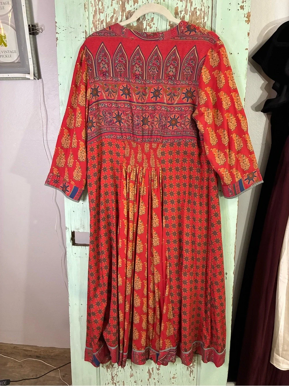 Women’s Soft Surroundings Red & orange boho Printed Midi Dress w bell sleeves - Picture 4 of 6